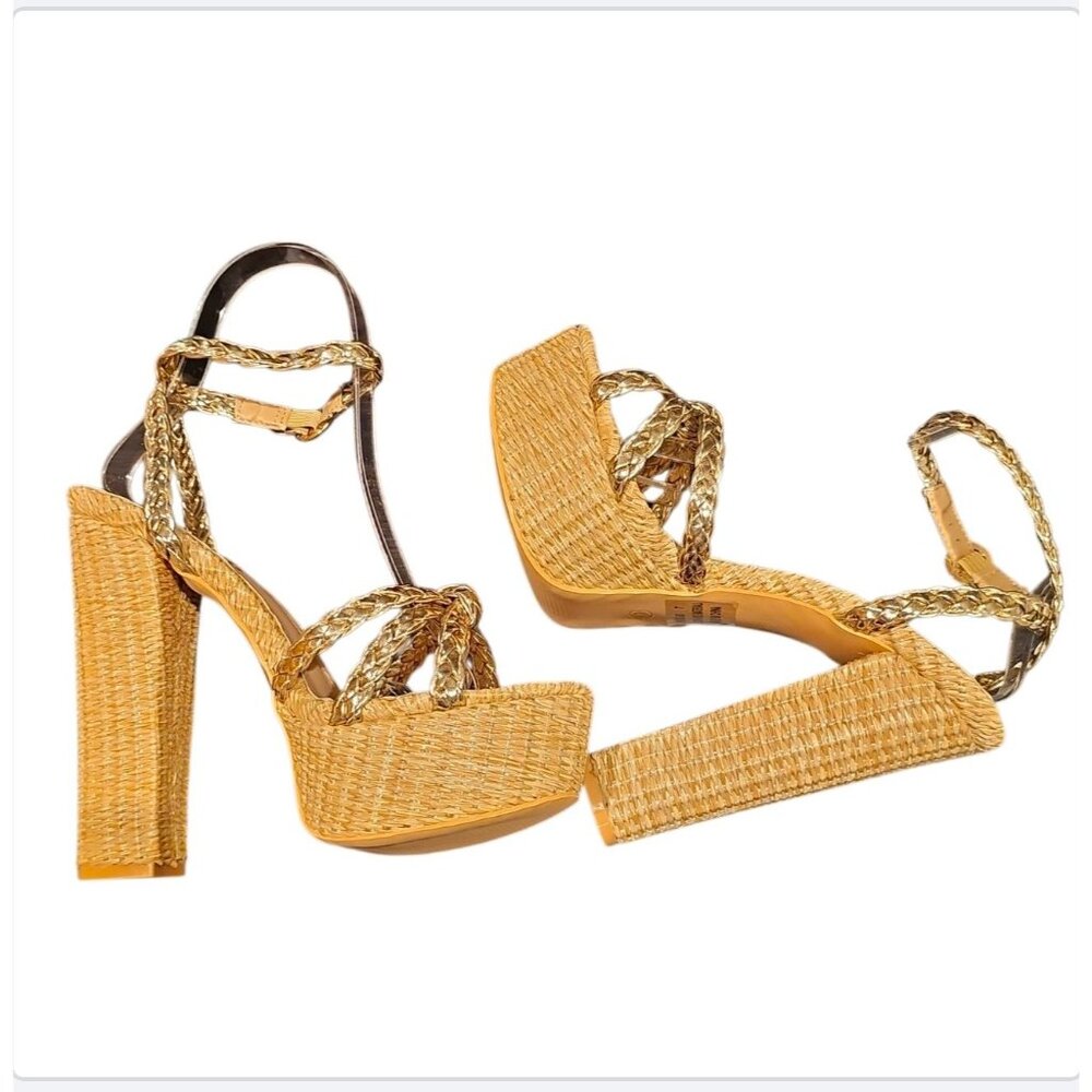 Gold Braided Raffia Platform Heels With Ankle Strap Block Heel - Picture 5 of 8